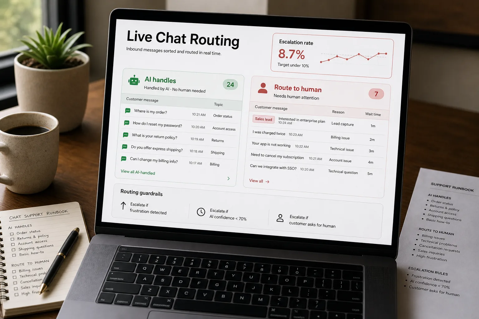 Over-the-shoulder photo of a support routing console on a laptop titled "Live-chat routing," with two labelled columns "AI handles" and "Route to human," each listing example customer messages tagged by conversation type, and an escalation-rate stat showing 22% against a 35% ceiling at the top.
