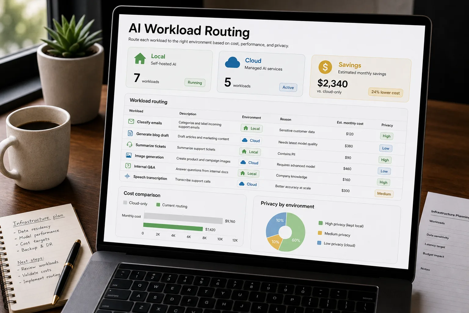 An over-the-shoulder photo of a laptop showing an "AI Workload Routing" dashboard. Workloads are split into two columns: a "Local (self-hosted)" column listing classification of incoming emails, summarisation of standard reports, and embedding of internal docs, and a "Cloud API" column listing complex reasoning and user-facing quality. A summary banner reads "Bill cut from $47k to $8k/month (83%)." A printed break-even cost sheet rests beside the laptop on a tidy desk.