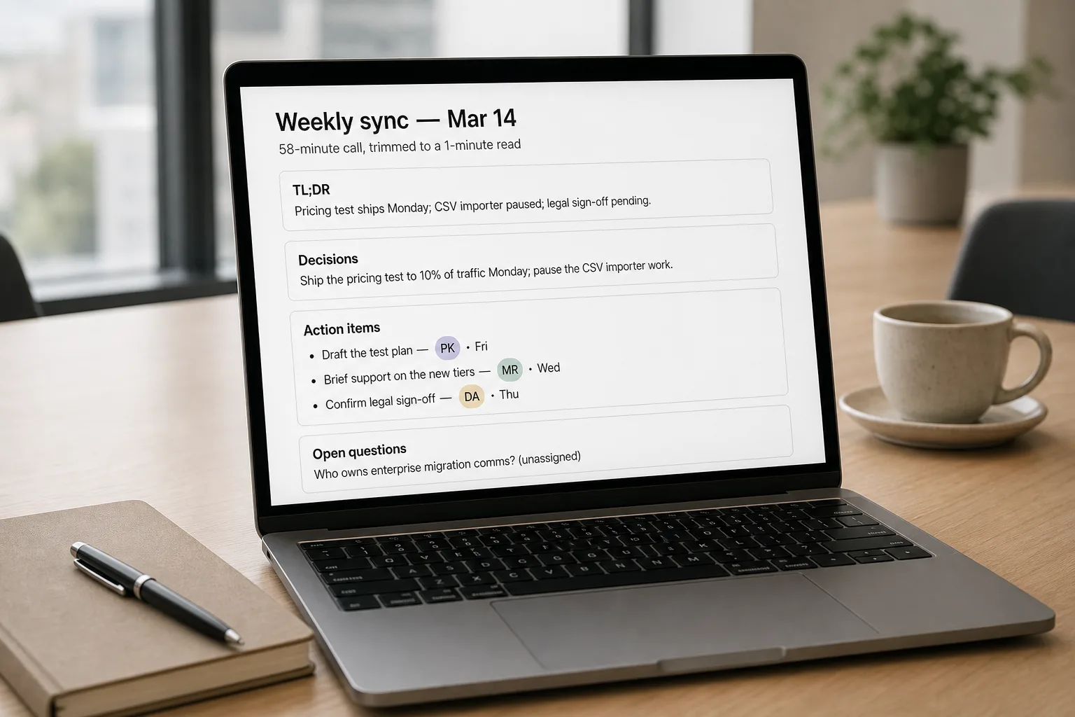 A laptop showing a short, scannable meeting summary — TL;DR, decisions, action items with owners and due dates, and open questions — that fits on a single screen, beside a closed notebook.
