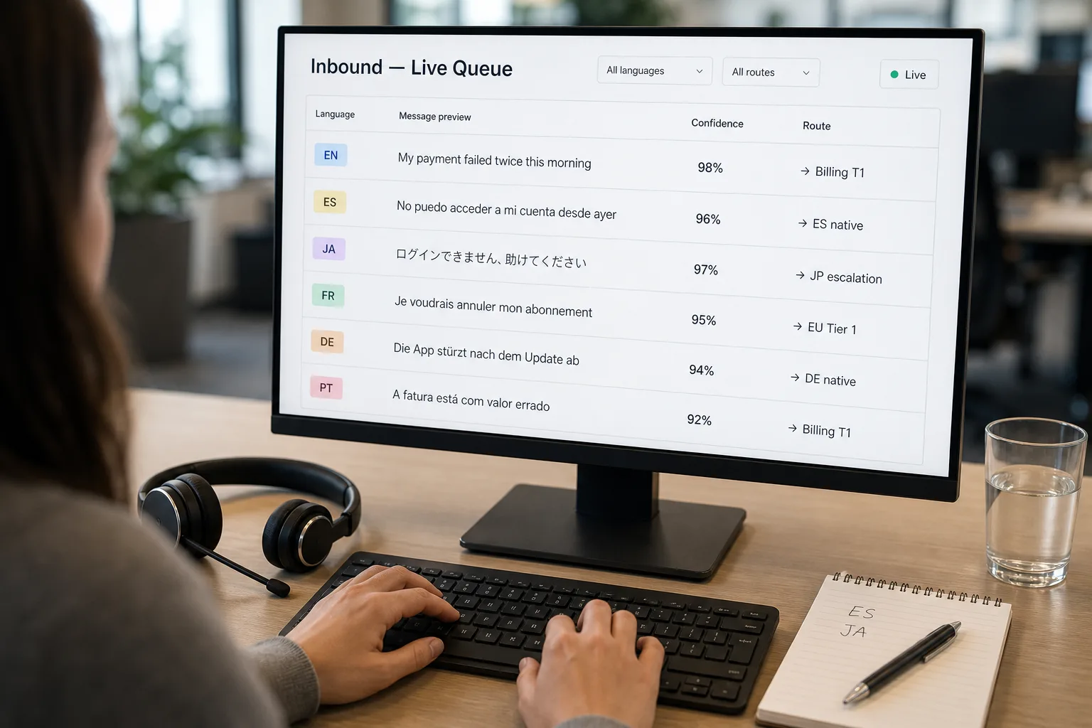 A support agent's monitor showing a ticket queue with inbound messages in multiple languages, each labeled with a detected-language chip and routed to a specific agent or queue.