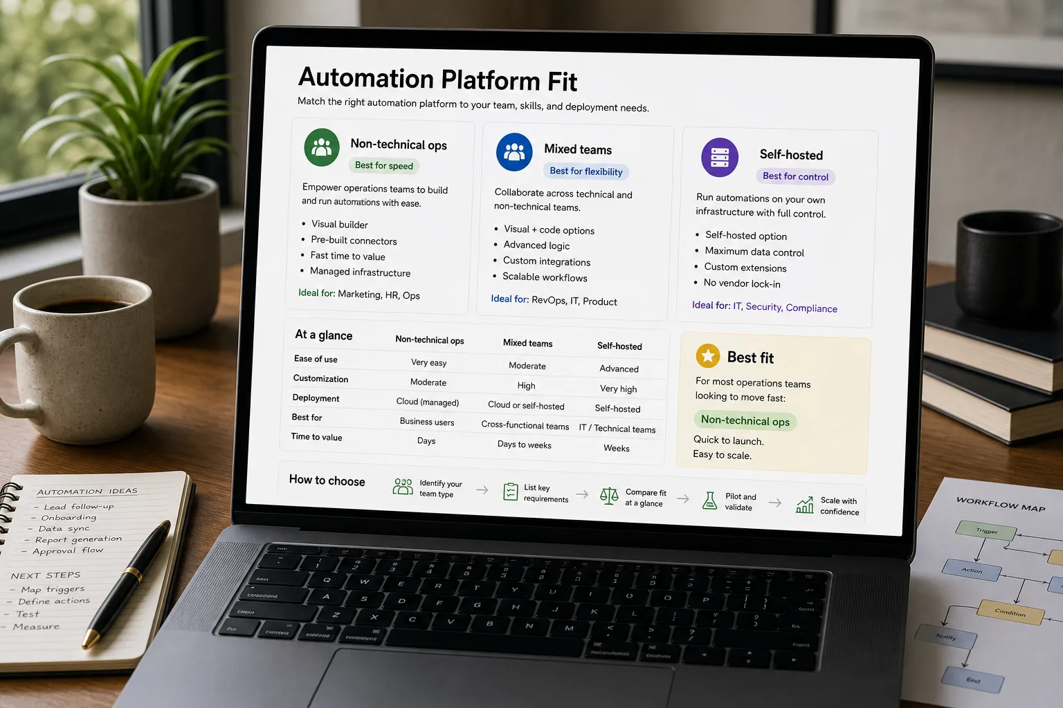 A laptop on a tidy desk shows an automation-platform decision view matching Zapier, Make, and n8n each to a different best-fit team type as equal options, with a pricing strip reading Zapier $500, Make $50, and n8n $0 self-hosted for 50,000 operations per month.