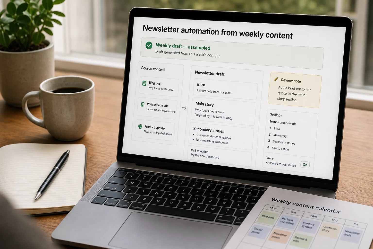 A laptop on a tidy desk showing a generated weekly newsletter draft with fixed sections (Intro, Main story, Secondary stories, Customer highlight, Product update, Useful link, Closing) and per-block source tags, a note that the draft is voice-anchored to past issues, a panel of subject-line variants for the editor to pick, and a green banner reading the draft is routed to the editor for review, not the send list.