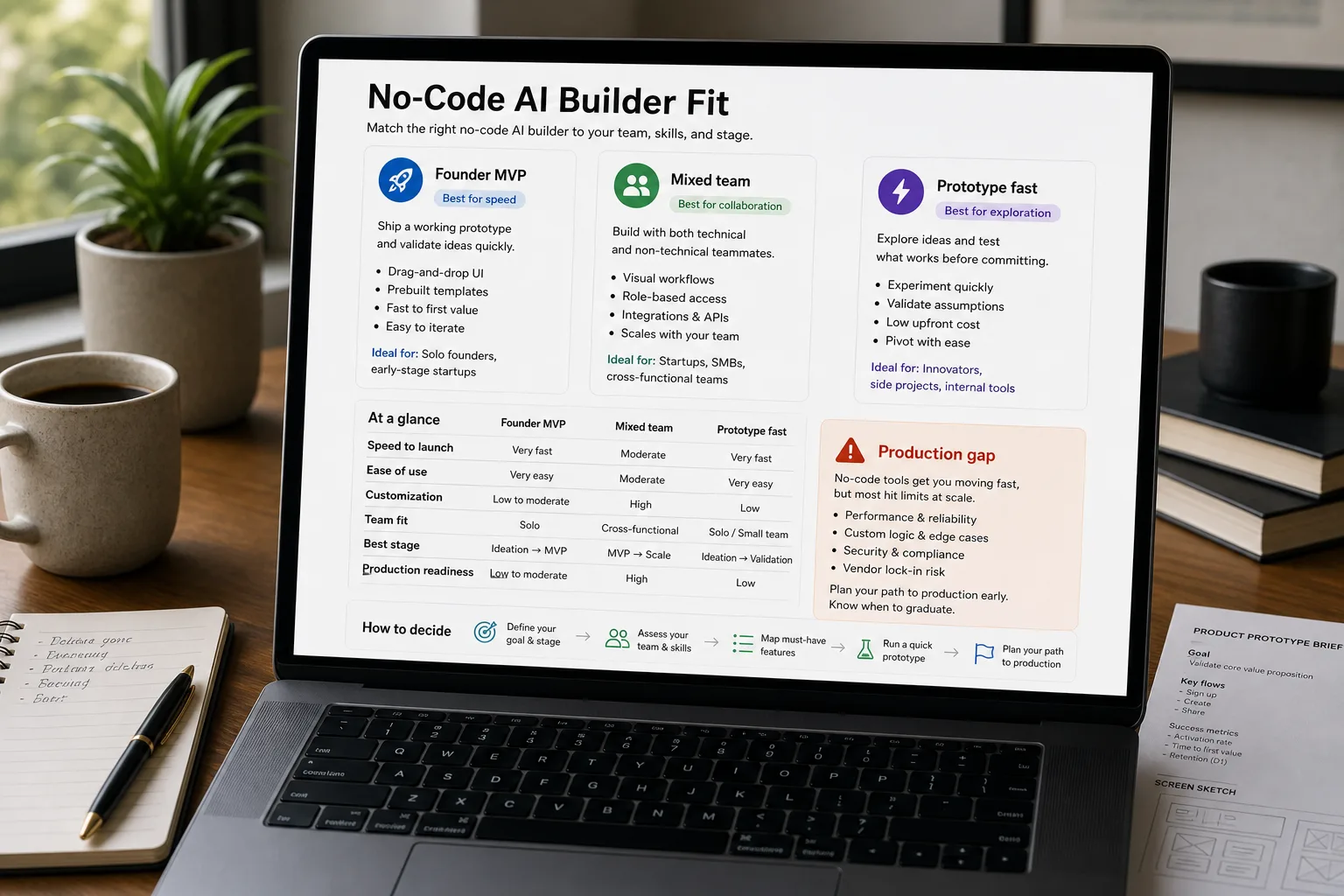 Over-the-shoulder photo of a laptop showing a "Best fit by team type" decision screen: five rows, each a tool mapped to its use case with its own "Best fit" pill — Lovable for non-technical founders building a full-stack MVP, Bolt for mixed teams prototyping, v0 for engineers building UI, Replit Agent for Replit-native multi-language apps, and Cursor labeled "day-to-day engineering — not no-code", with an amber prototype-to-production warning banner across the bottom.