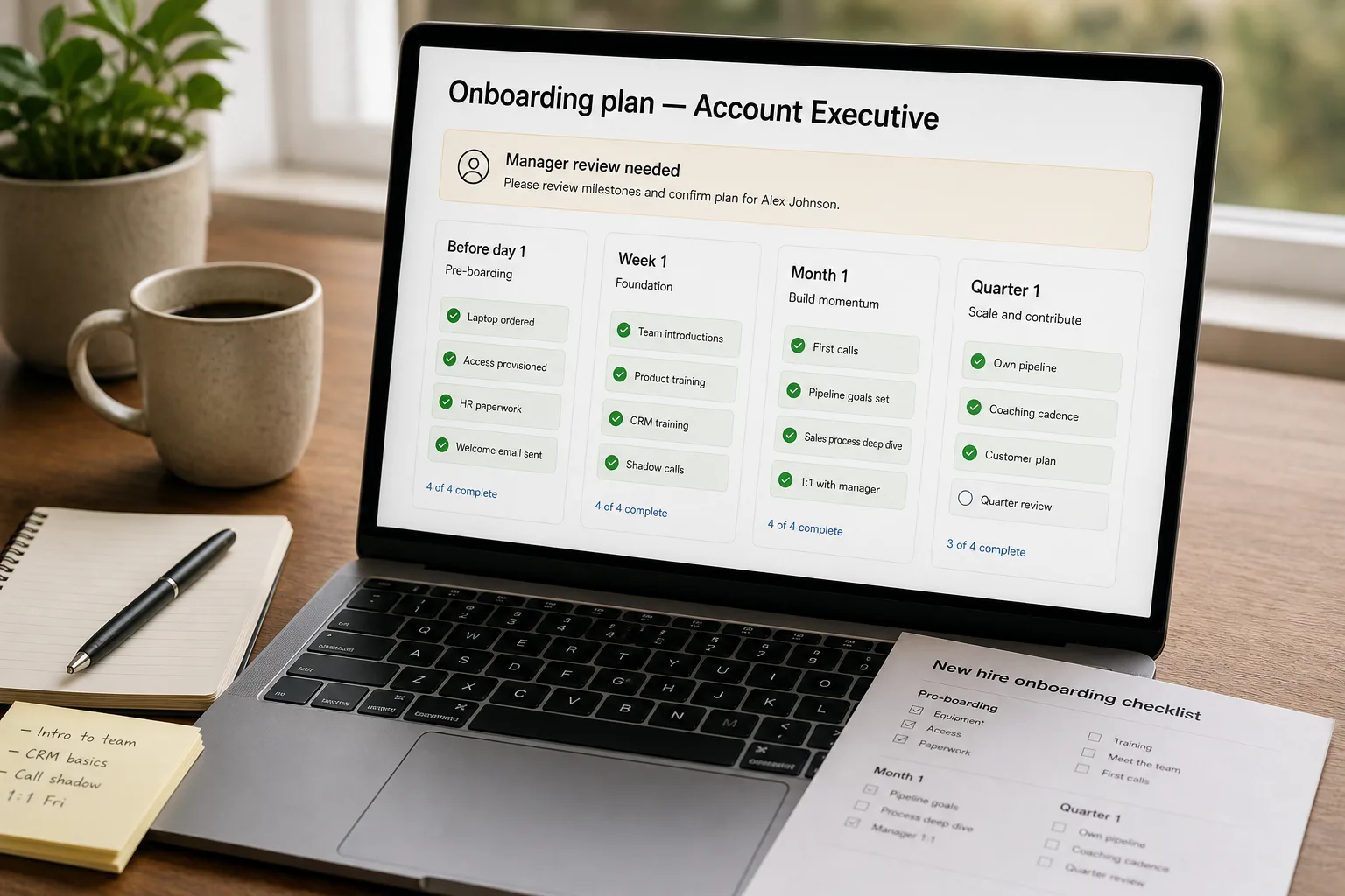 A laptop on a tidy desk showing a generated, role-specific onboarding plan for a new Account Executive, structured into before-day-1, week-1, month-1 and quarter-1 milestones with a system-access checklist, banner-flagged for manager review before it goes to the new hire.
