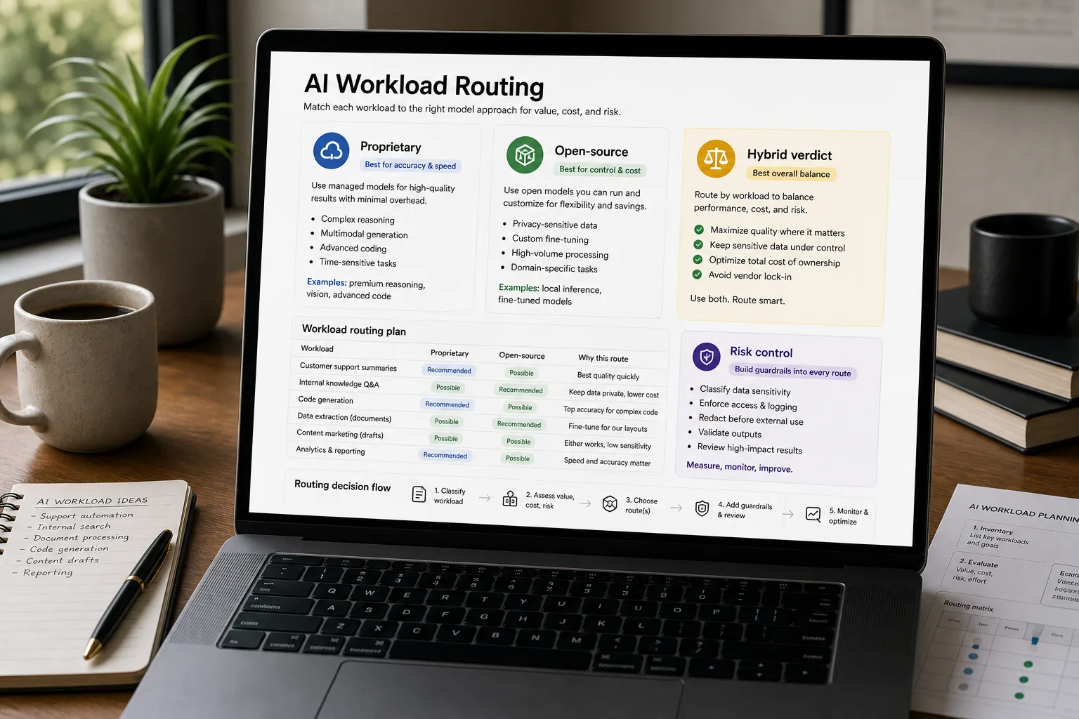 A laptop screen showing an AI workload decision table titled "Pick by workload, not by side," with each workload routed to Flagship proprietary or Self-hosted open-source plus a one-line reason, on a tidy desk.