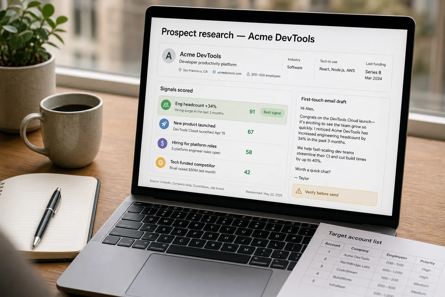 A laptop screen showing an outbound prospecting research card: a prospect's company with four enriched signals scored, the top one flagged "Best signal," and a short generated first-touch email referencing a new VP of Engineering hire.