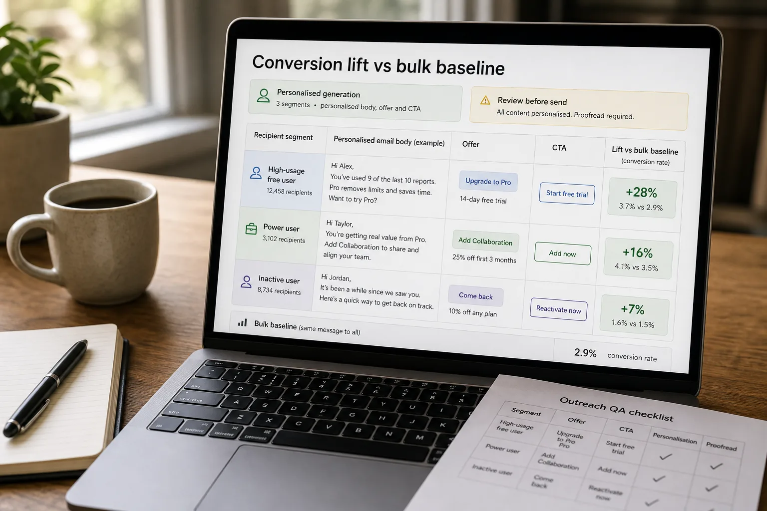 A laptop screen showing a marketing-automation generation view with three recipients in different behaviour segments, each with a different email body, offer and call-to-action, beside a panel of per-segment conversion-lift numbers.