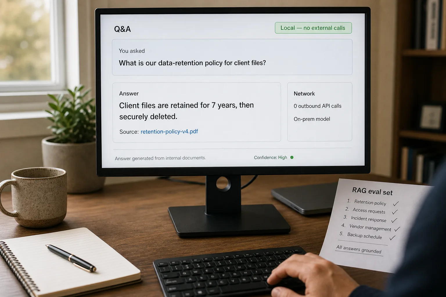 Over-the-shoulder photo of a desktop monitor showing a private RAG Q&A app: a grounded answer with a cited source filename, a green "Local — no external calls" status badge, and a network panel reading "0 outbound API calls."