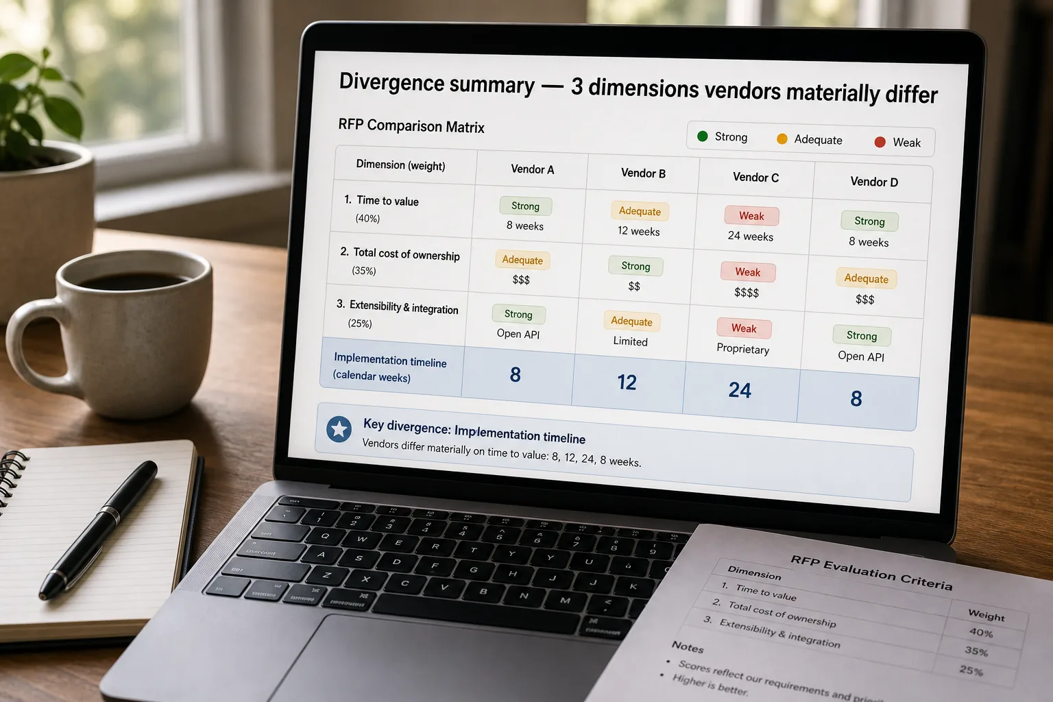 A laptop on a tidy desk showing a vendor RFP comparison matrix with four vendor columns, normalised values per dimension, and a highlighted divergence row flagging where vendors materially differ on implementation timeline.