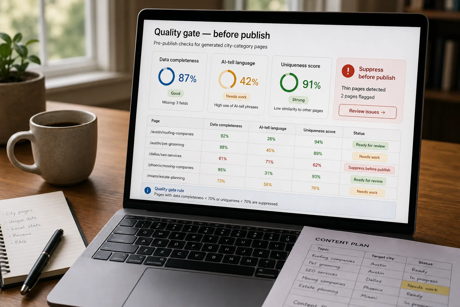 Laptop on a tidy desk showing a programmatic-SEO pre-publish quality gate: generated city pages scored on data completeness, AI-tells, and uniqueness, each marked Pass, Hold for manual review, or Suppress before they go live.