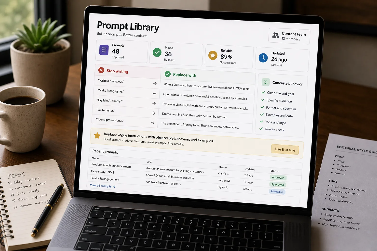 Over-the-shoulder photo of a laptop showing a content team's prompt library, with a "Stop writing / Replace with" table mapping vague instructions like "Be creative" to concrete behaviours, beside a printed voice-guide card.