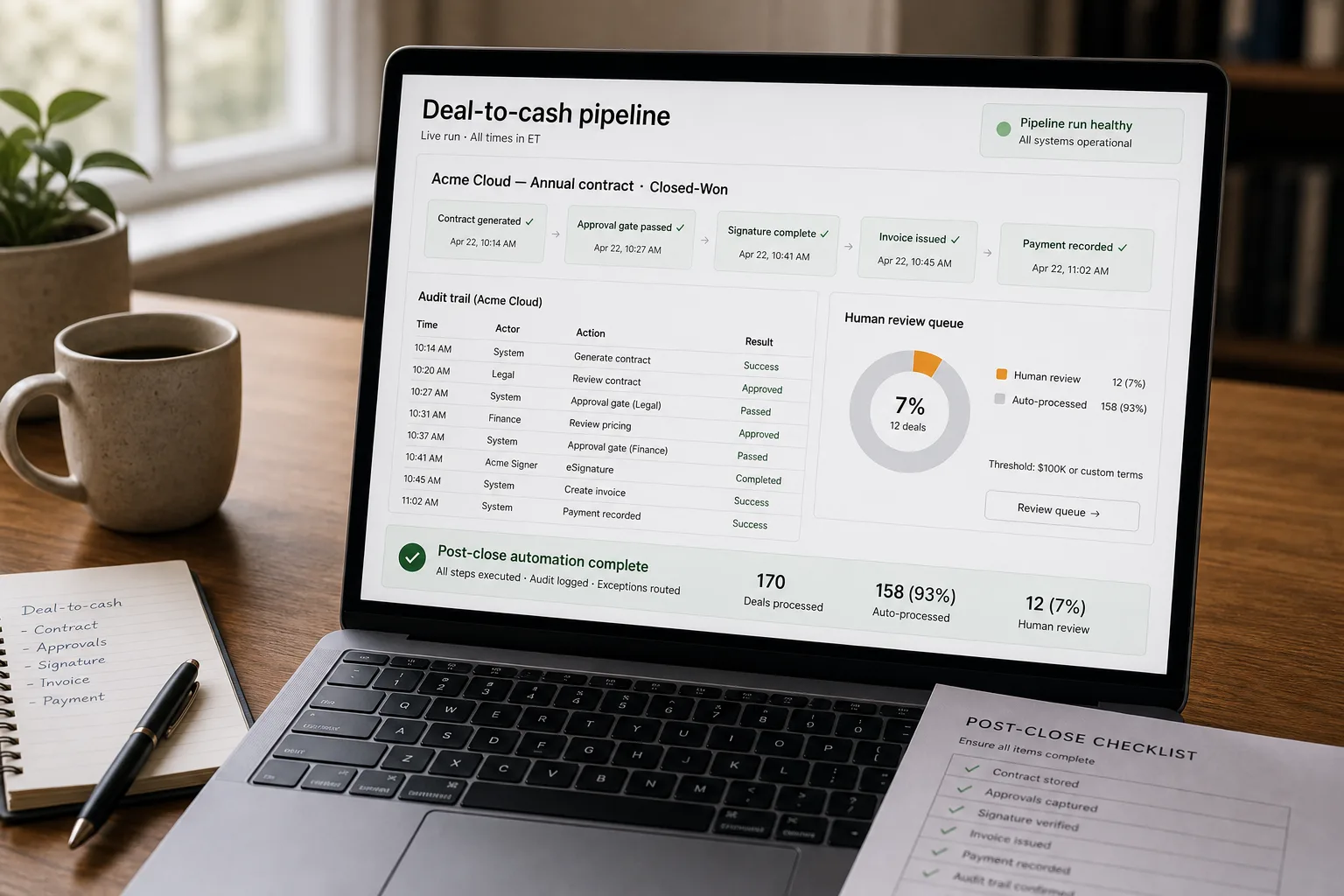 A RevOps dashboard screen showing one B2B deal moving through an automated quote-to-cash pipeline: contract generated, approval gate passed, billing record created, first invoice issued, with a side approval-gates panel, a right-hand audit-trail log, a stat strip showing cycle time and the share routed to human review, and a signed-contract page beside the keyboard.