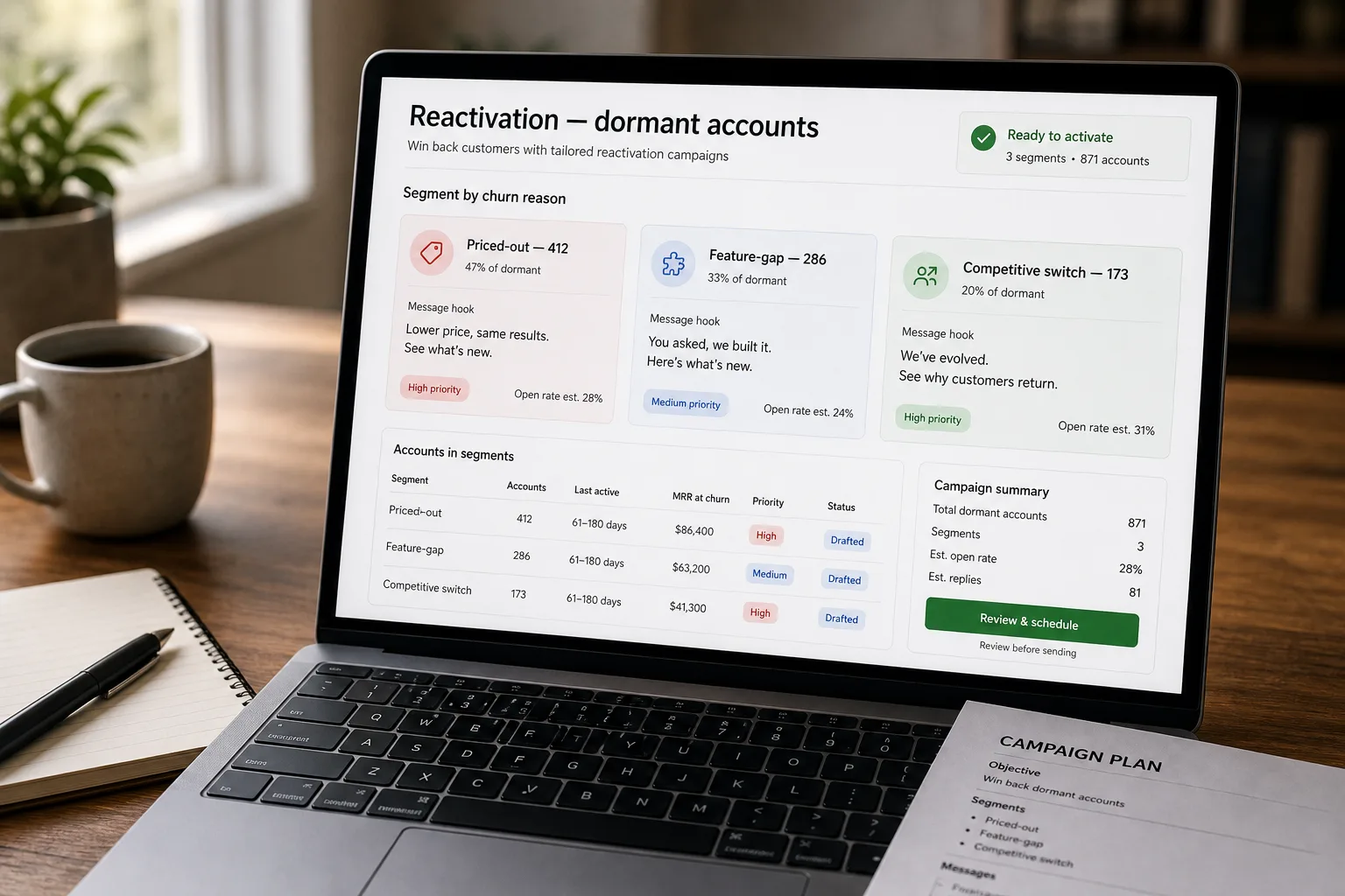 A laptop on a tidy desk showing a reactivation campaign view where dormant accounts are split into segments by churn reason, each with its own tailored message, alongside a reactivation-rate lift over the generic baseline and a separate reactivation sending domain.