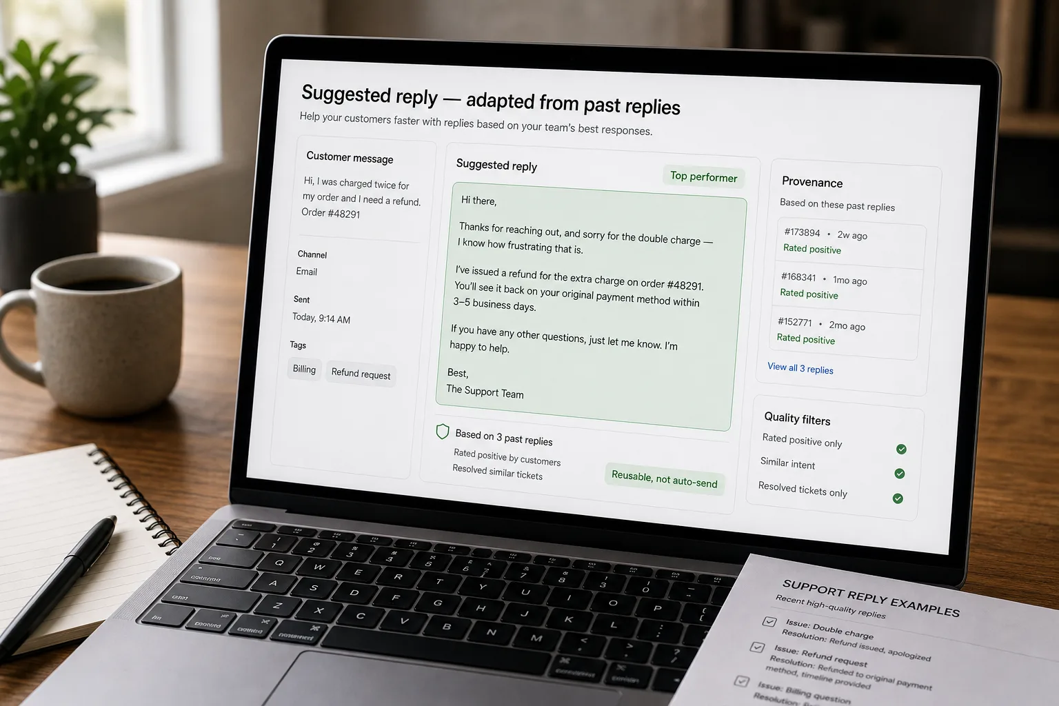 A laptop on a tidy desk showing a customer-support helpdesk reply pane: an inbound question on the left; a suggested reply on the right labeled "Suggested reply — adapted from your team's past replies"; a calibrated match signal reading "Strong match — review before sending"; and a panel titled "Based on 3 past replies" listing three retrieved sources tagged "Resolved · no reopen," "Rated positive," and "Top performer," with Insert and Edit buttons below.