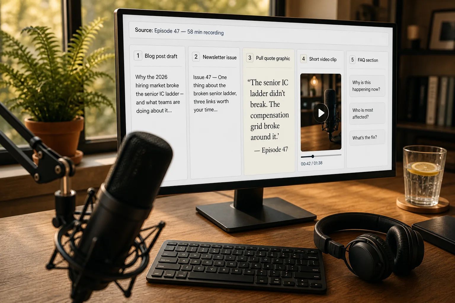 A content creator's workspace with a podcast microphone in the foreground and a monitor showing five derived content drafts — blog post, newsletter, quote graphic, video clip, FAQ — arranged side by side.