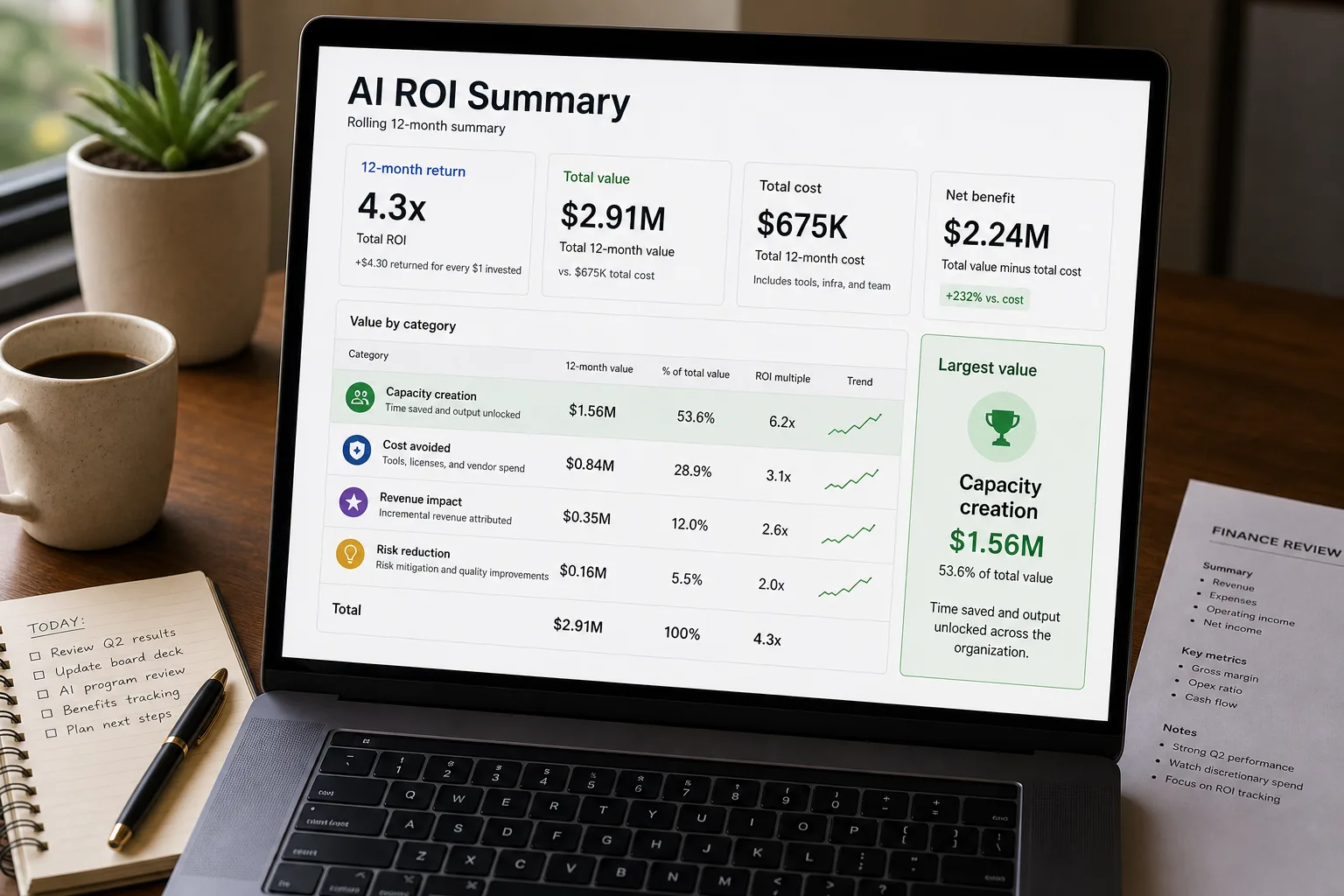 Over-the-shoulder photo of a laptop showing a board-ready AI ROI summary with four value categories — cost reduction, capacity creation, revenue enablement, strategic optionality — capacity creation flagged as the largest value, plus a printed CFO memo on the desk.