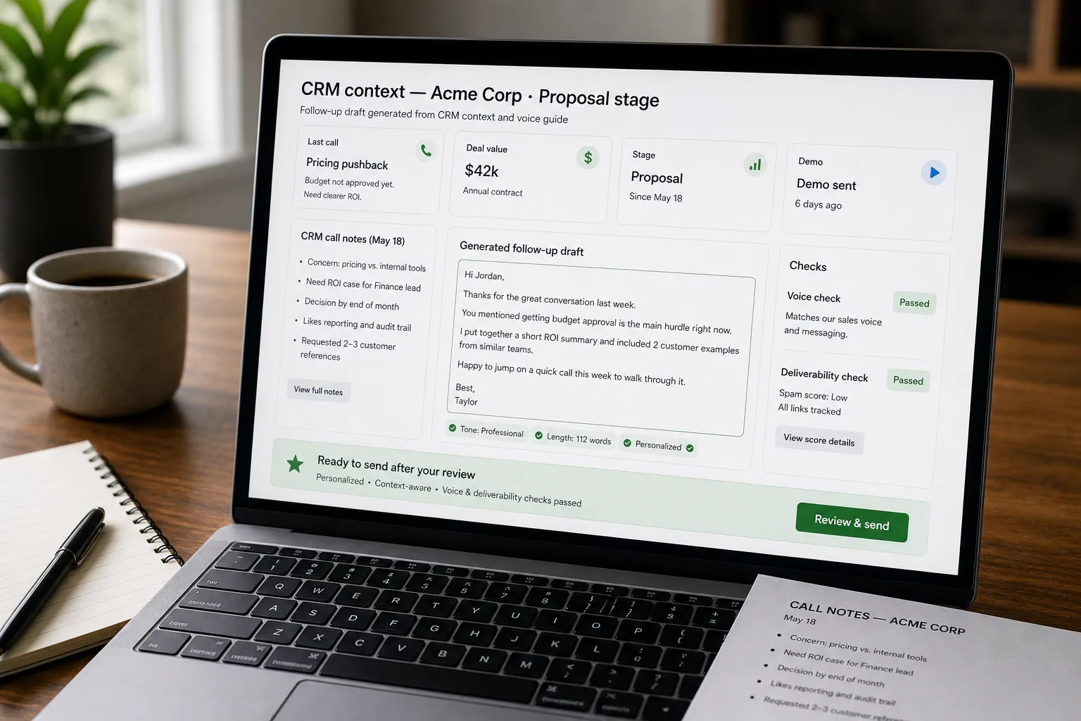A laptop on a tidy desk showing a sales-engagement tool: a generated proposal follow-up email beside a CRM context panel of call notes, with a green voice check passing zero AI-tell phrases and a green inbox-placement deliverability badge.