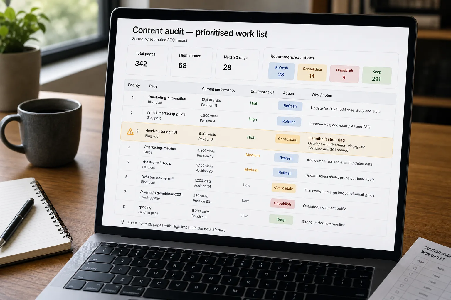 A laptop screen showing a content-audit work list where each page row is tagged Refresh, Consolidate, Unpublish, or Keep, with 90-day traffic numbers, sorted by impact, and an amber cannibalisation flag on the consolidate row, on a tidy desk.