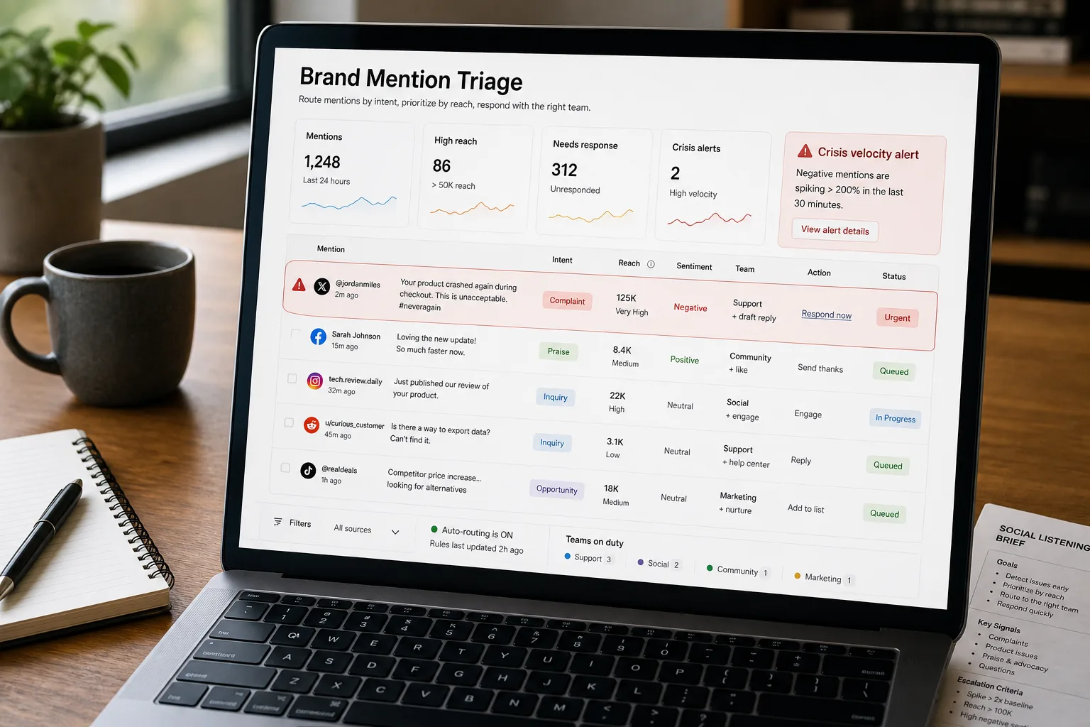A laptop on a tidy desk shows a brand-mention triage queue: each mention labeled by intent and reach, routed to a team, with a red crisis-alert banner about negative mentions running 5x baseline pinned at the top.