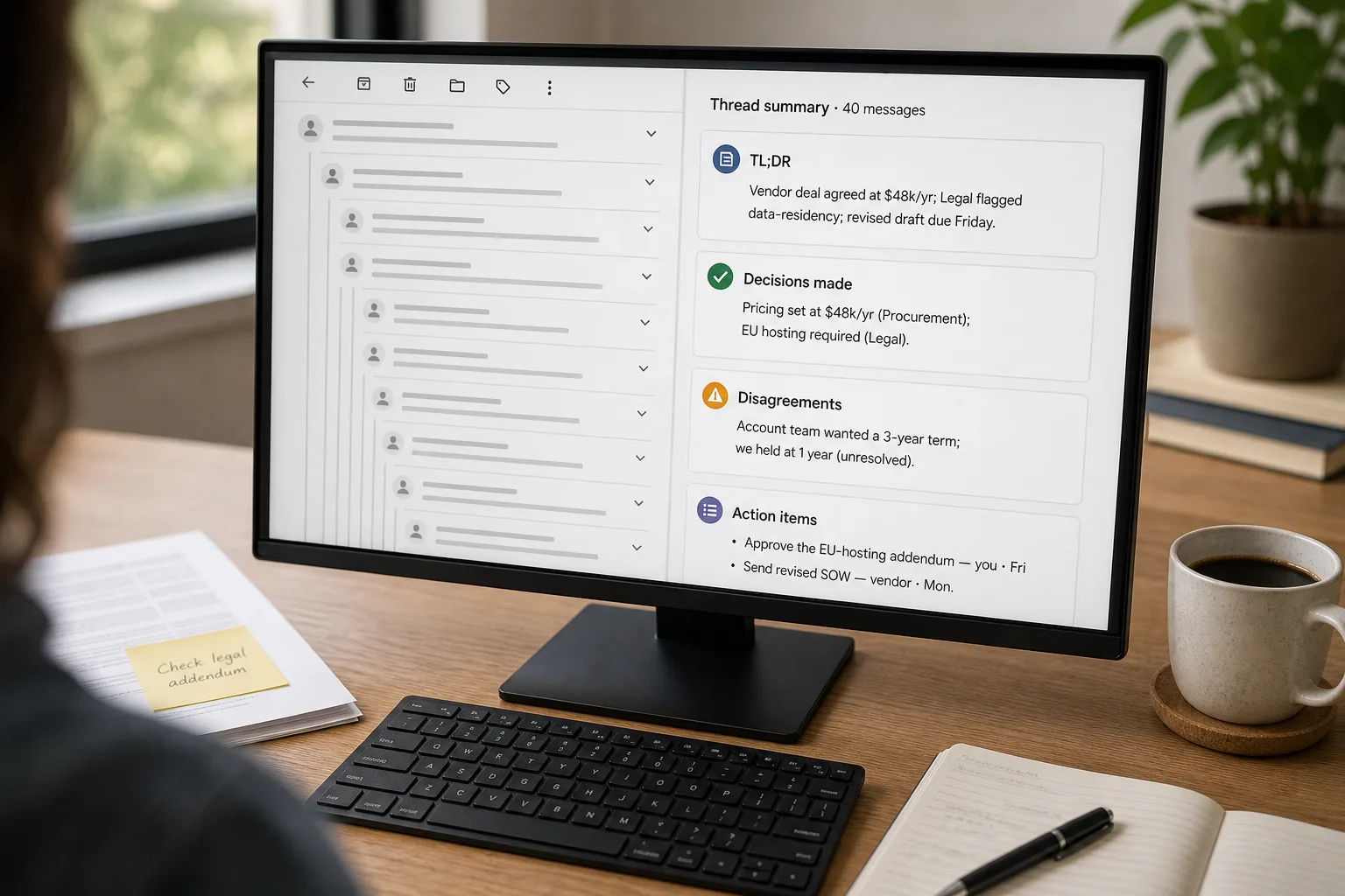 A monitor showing a long 40-message email thread on the left collapsed into a structured summary on the right — TL;DR, decisions made, disagreements, and action items with owners and due dates.