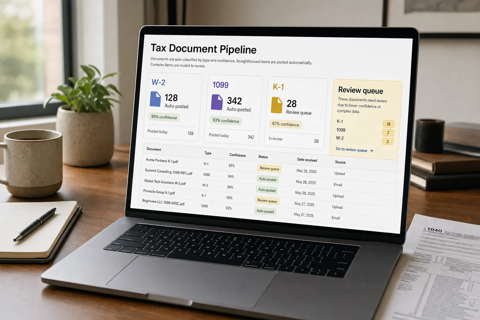 Over-the-shoulder photo of a laptop on a tidy wooden desk showing a tax-document pipeline dashboard: incoming documents classified as W-2, 1099-NEC, 1099-INT, K-1 and consolidated brokerage 1099 with confidence percentages and routing labels (auto-posted vs review queue), plus a "Missing documents" panel for one client listing the W-2 received and an outstanding brokerage 1099 not yet received.