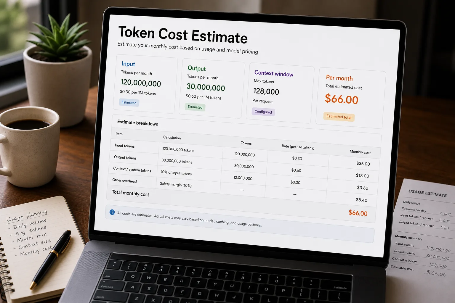 Over-the-shoulder photo of a laptop on a tidy desk showing a plain AI cost-estimator screen: a support assistant and a document pipeline workload, each with input and output token counts and a per-month dollar total, beside a printed vendor pricing page.