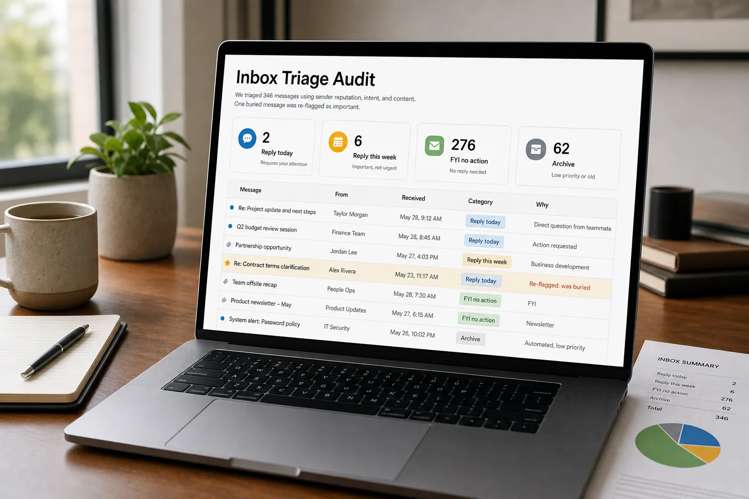 Over-the-shoulder photo of a laptop showing an email triage false-negative audit: a "FYI no action" folder of rows with sender names and one-line summaries, one row flagged and reclassified from FYI to "reply this week."