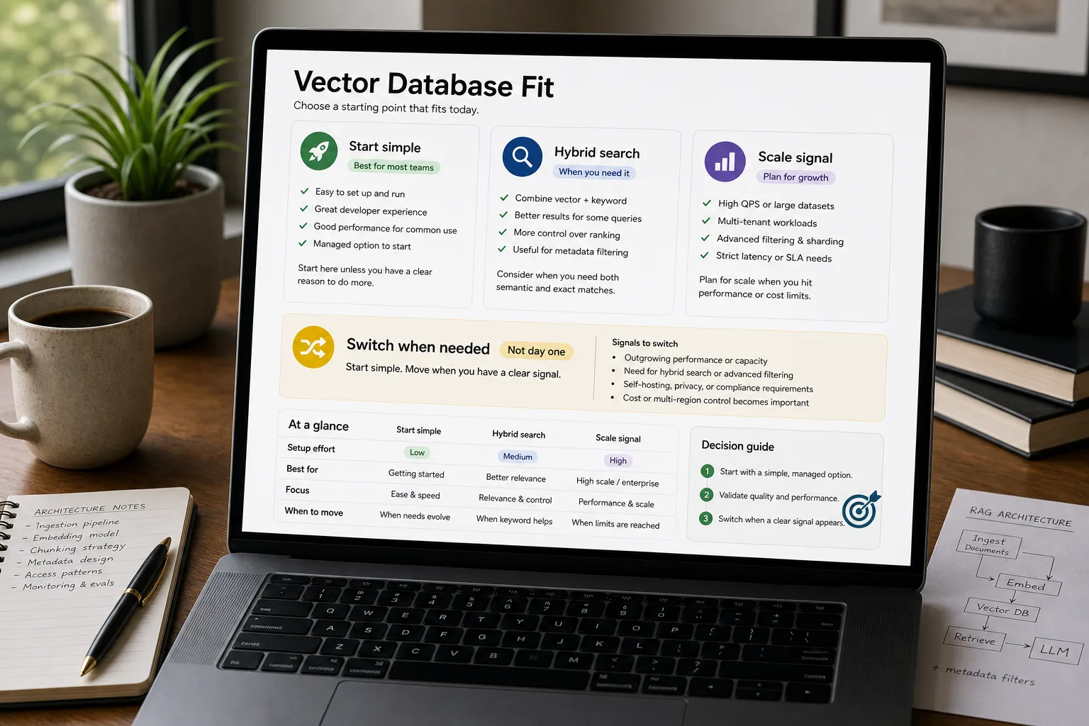 An over-the-shoulder photo of a laptop showing a "Vector database — best fit" decision panel with pgvector marked "Recommended start" and per-use-case picks, beside a notebook and coffee mug on a sunlit desk.