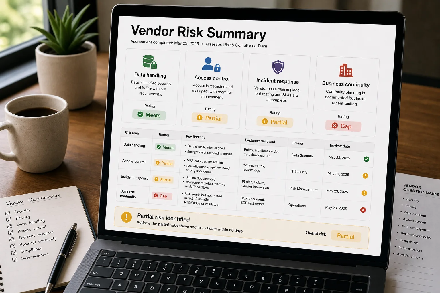 Over-the-shoulder photo of a laptop showing a completed vendor security risk summary: five categories rated green, yellow, and red, two flagged gaps with verbatim source quotes (one noting an encryption algorithm was never specified), and a "Route: Conditional review" badge, beside a printed SOC 2 report on a tidy desk.