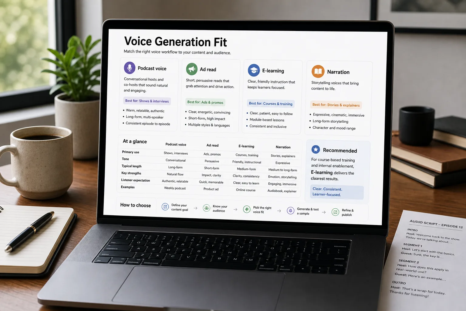 Over-the-shoulder view of a laptop showing a voice-tool decision screen titled "Voice generation — best fit by use case," with ElevenLabs marked recommended for premium podcasts, Murf for enterprise e-learning, and Play.ht for developer-integrated voice, beside a notebook and headphones on a tidy desk.