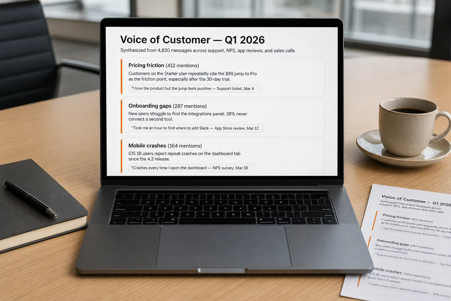 A laptop on a meeting-room table showing a synthesized voice-of-customer report with three themes — pricing friction, onboarding gaps, mobile crashes — each with feedback counts and example quotes.