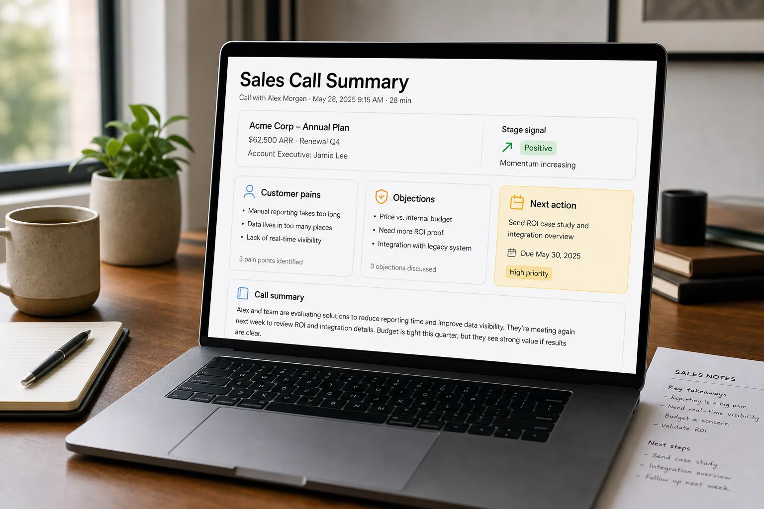 Over-the-shoulder photo of a laptop showing a CRM deal record with an attached sales-call summary structured into Stage signal, Pains expressed, Objections raised, Competitors mentioned, Decision-makers, Commitments made and Next step, on a tidy desk.