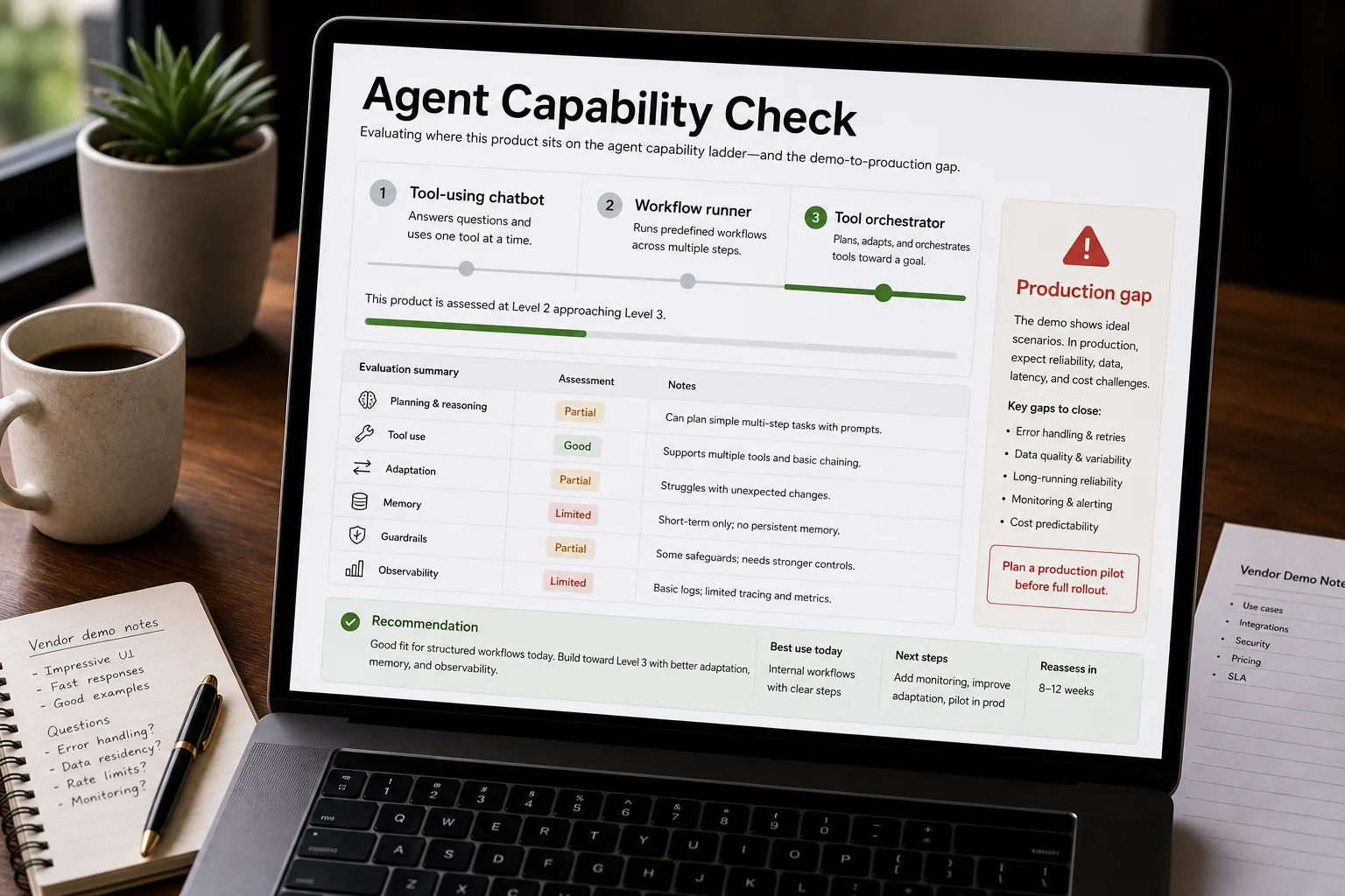A laptop on a tidy desk showing an "Agent capability check" screen with a five-rung ladder, the evaluated product marked at "Multi-step workflow runner," a "Vendor claim vs. reality" line, and a cost-per-run figure.