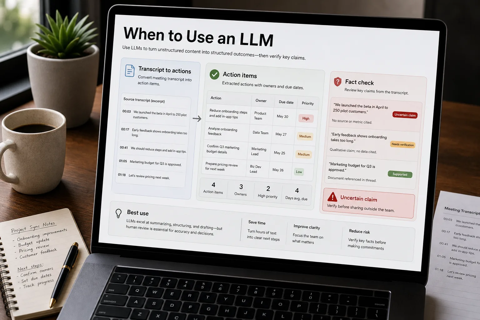 Over-the-shoulder photo of a laptop showing a plain AI chat interface: one reply turning a meeting transcript into action items, and a second reply flagged "Not in the model's training data — verify before relying on this" for a question about last quarter's pricing change.