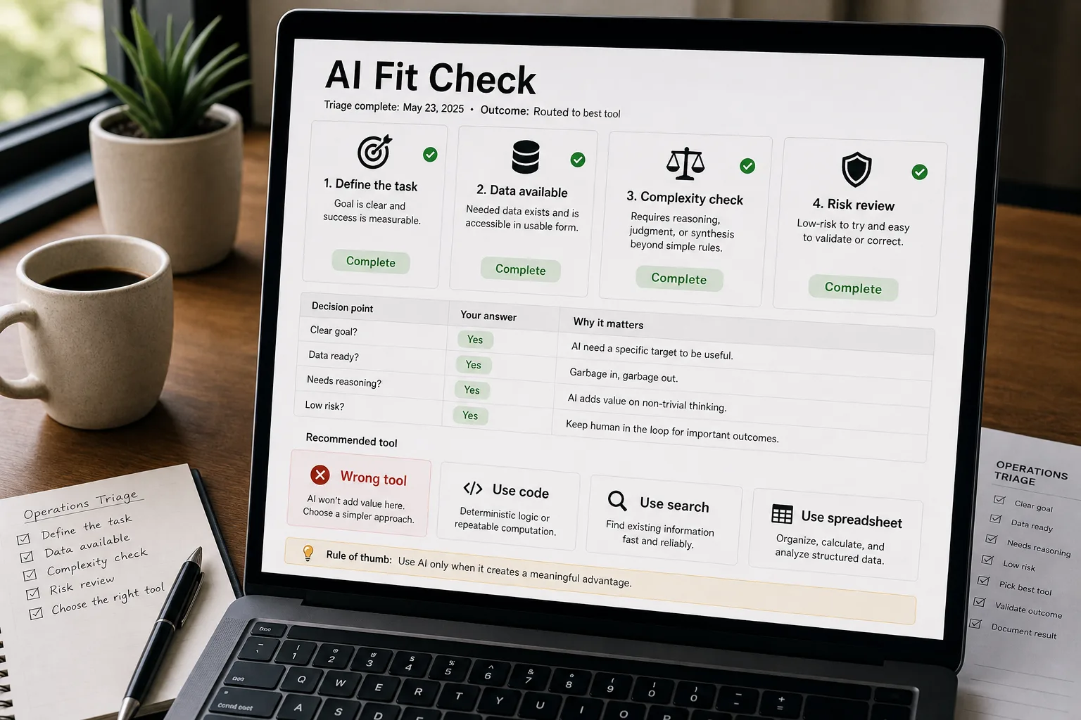 An over-the-shoulder view of a laptop showing an "AI fit check" triage list. Each row names a task category with a verdict tag: deterministic transformations marked "Wrong tool — use code", high-stakes decisions marked "AI drafts, human decides", real-time high-volume marked "Wrong tool — use ML classifier", with a printed AI proposal page and a red pen on the desk beside it.
