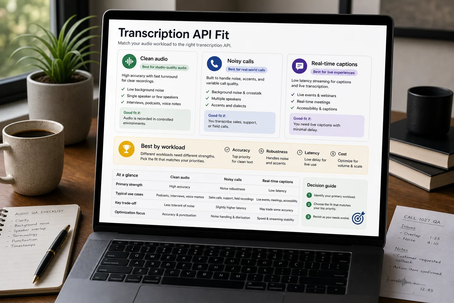 A laptop on a tidy desk shows a transcription-API decision screen headed "What to actually use," with six rows. Each row names an audio workload, the recommended API, and a short reason: clean English at low volume goes to the Whisper API, multi-speaker calls to Deepgram or AssemblyAI, audio-analytics to AssemblyAI, real-time captioning to Deepgram, multilingual to the Whisper API, and very high volume to Deepgram.