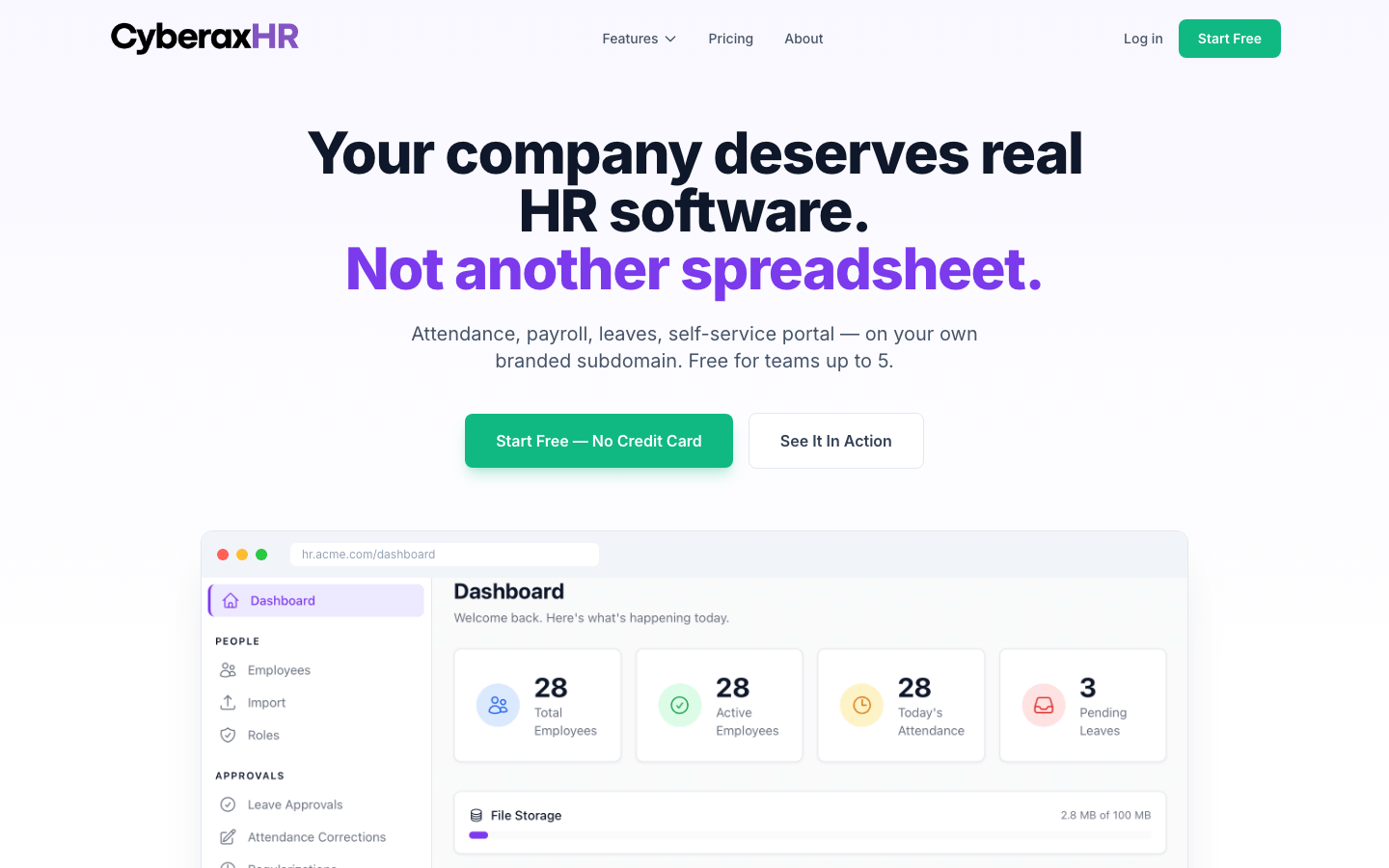 CyberaxHR — employee dashboard showing attendance, leave, and team overview