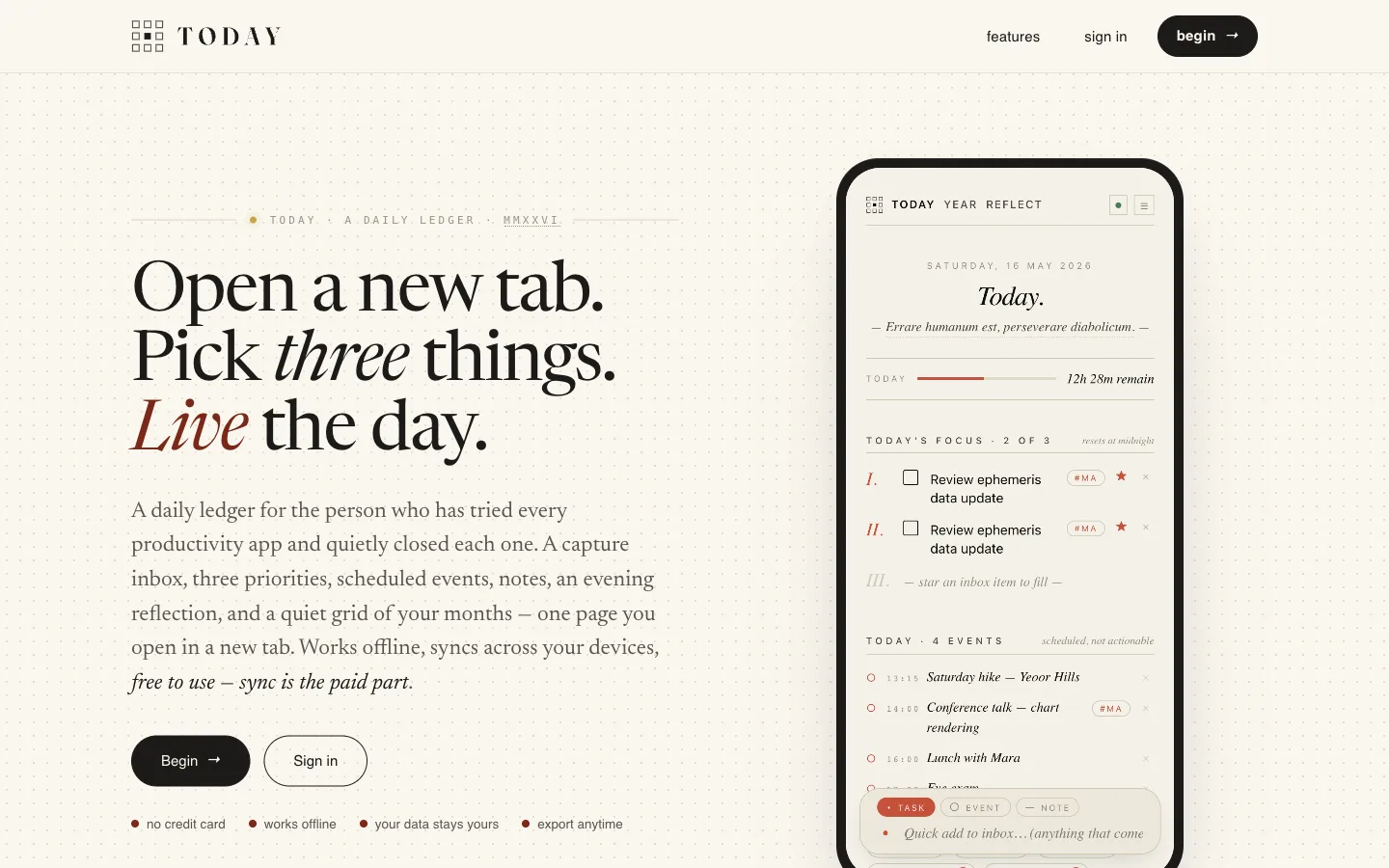 Today — a browser start page showing the day's focus, upcoming events, and a year-at-a-glance grid